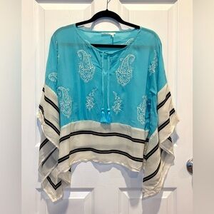 Anthropologie Floreat Embroidered Kaftan Blouse Top Blue Handkerchief Stripe XXS